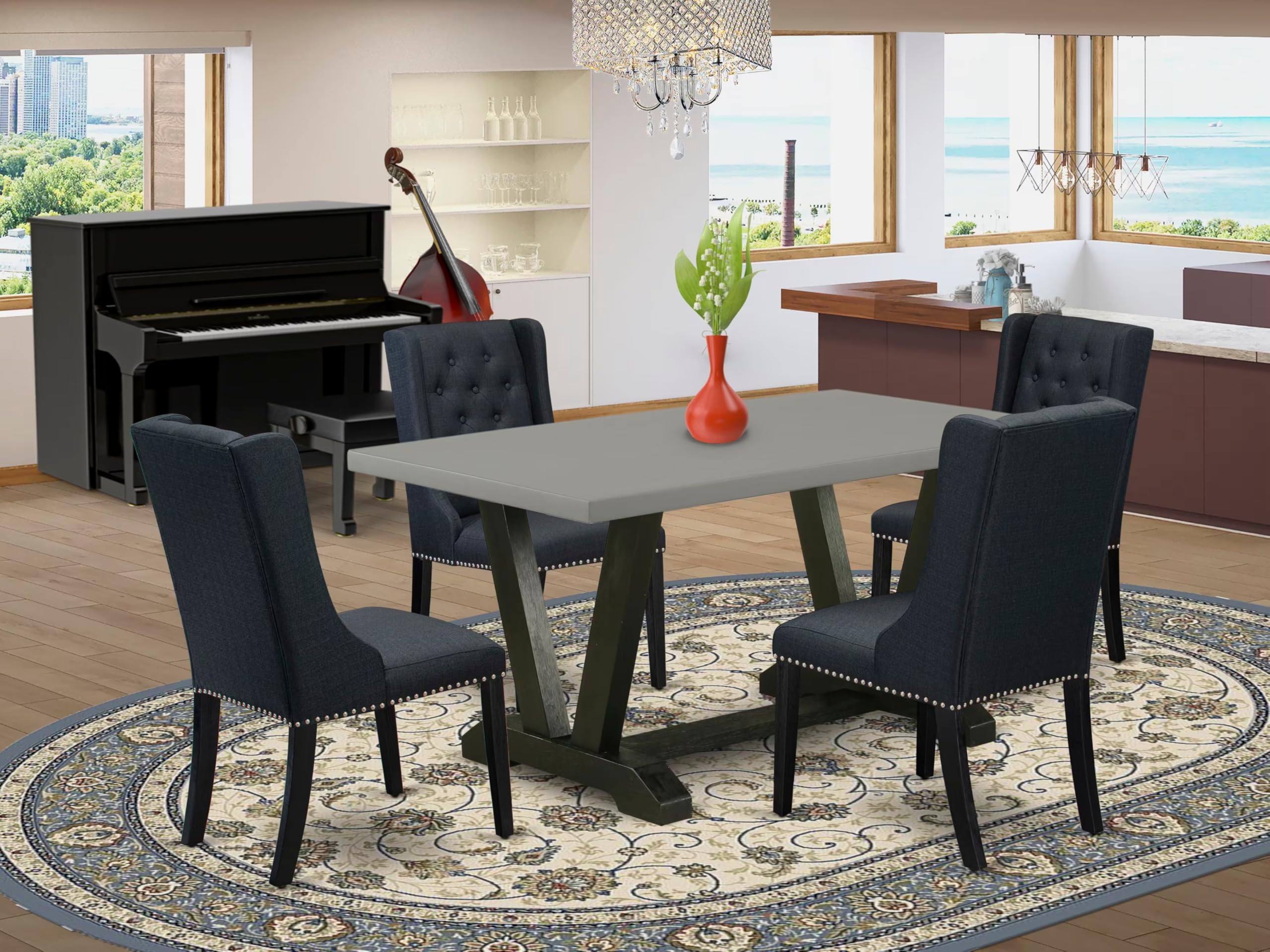 East West Furniture V696FO624-5 5 Piece Kitchen Table & Chairs Set Includes a Rectangle Dining Room Table with V-Legs and 4 Black Linen Fabric Upholstered Chairs, 36x60 Inch, Multi-Color